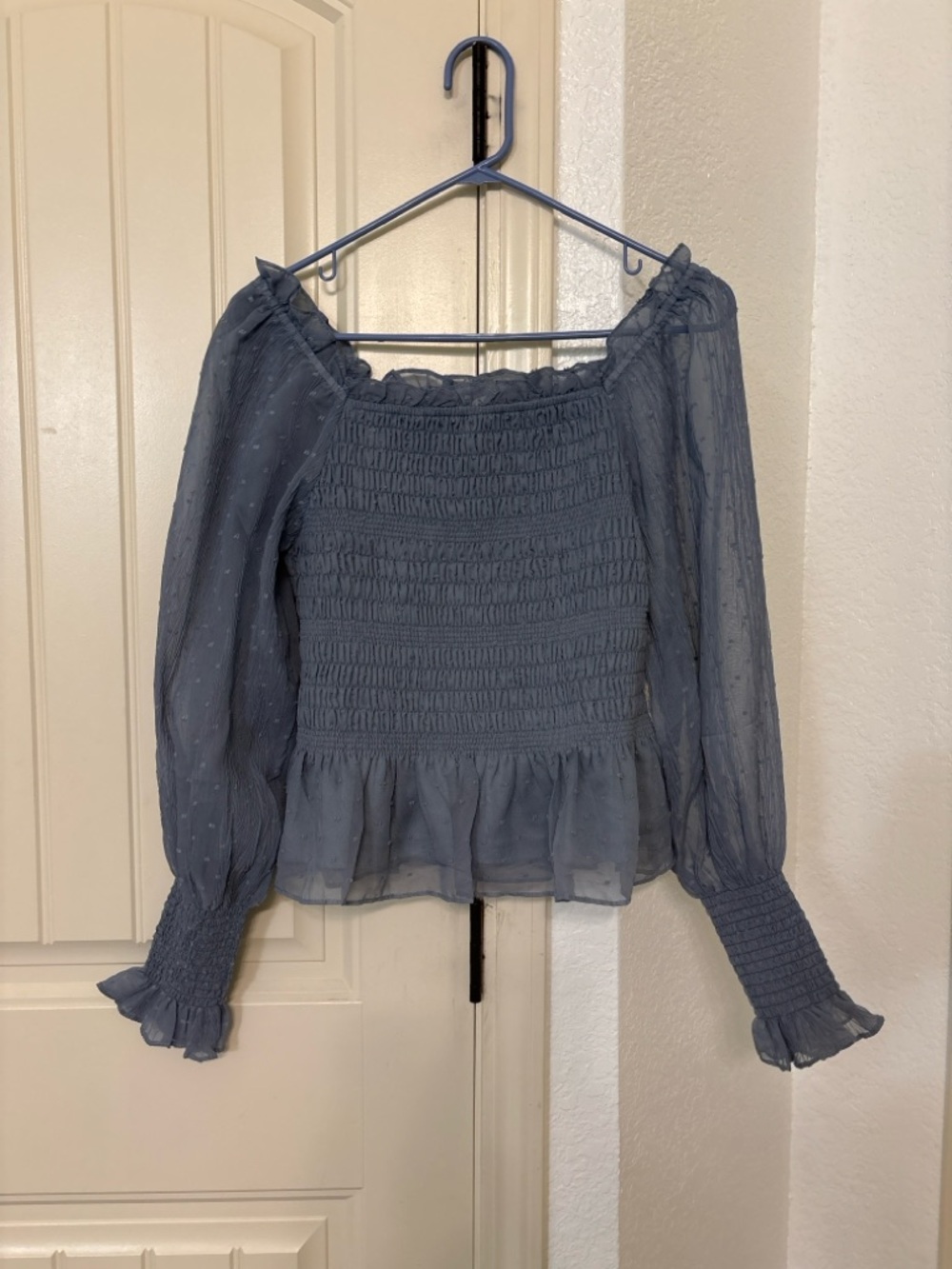 She + Sky Medium Blue Smocked Puff Sleeve Blouse Cottagecore Peplum Top